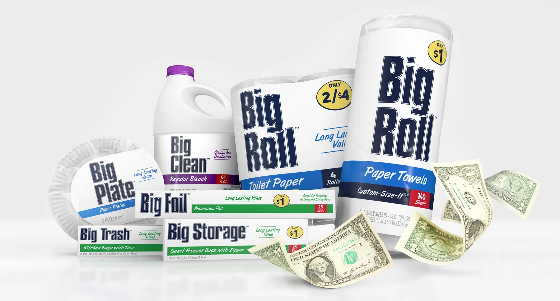 Big Brand household products in white packaging with strong typographic labels