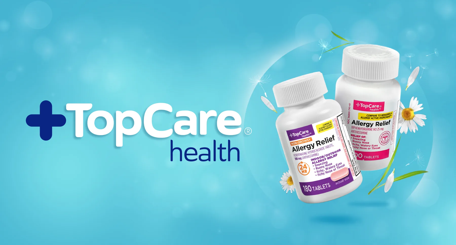 TopCare health packaging against a bright blue background